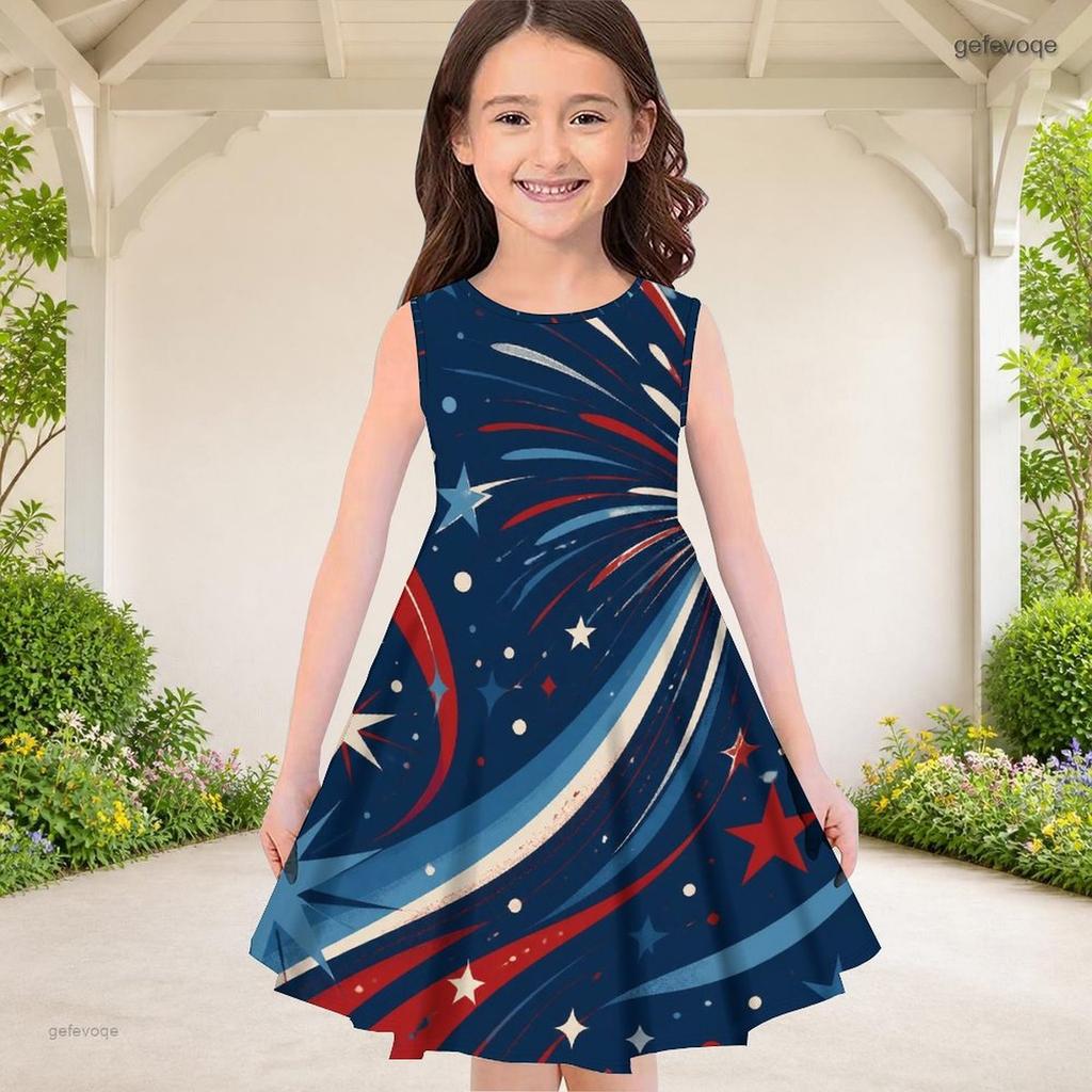 Girls Round Neck Sleeveless A Line Dark Blue Firework Printed Flared Dress