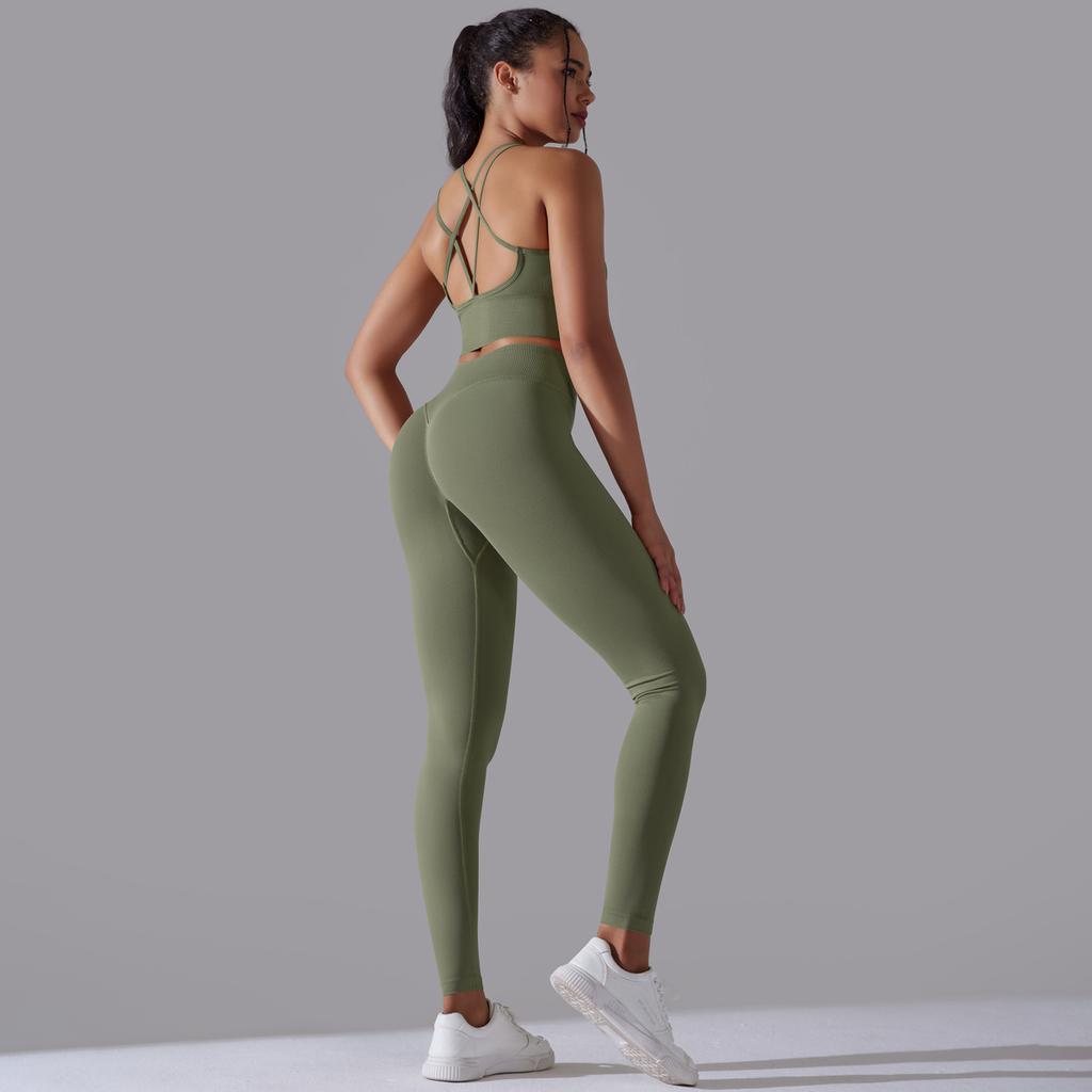 New High Waist Peach Hip Tight Pants Set, Sports Back Yoga Clothes, Running Training Fitness Set, Two Piece Set For Women