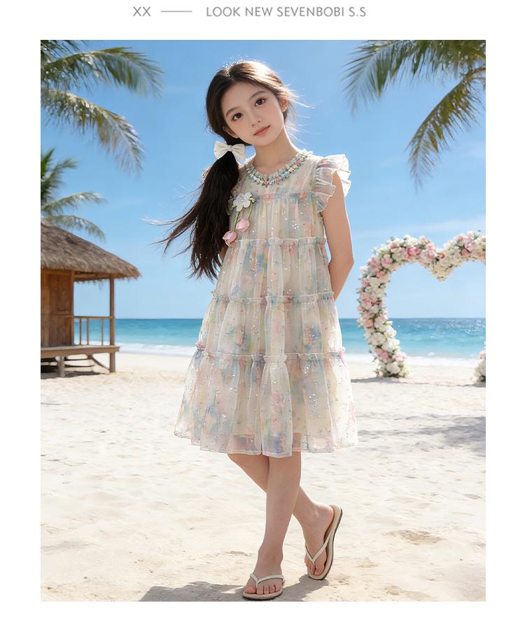 Girls' Summer Tank Top Skirt 2026 New Style Children's Sweet Little Girl Seaside Sprinkle Silver Flower Flying Sleeve Dress