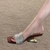 Fashion Women's Square Toe Rhinestone Beautiful Slide Slippers Summer New Suede Temperament Flip-flop High Heel Sandals Outside Wear
