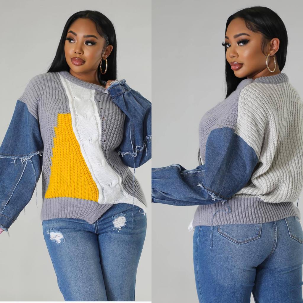 Jerséis de Punto Mohair de Manga Larga con Cuello Redondo y Parche de Mezclilla Deshilachada para Mujer, Suéteres Holgados Femeninos, Tops, Ropa de Mujer, Moda