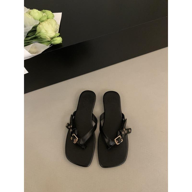 

Retro belt buckle flip-flops summer wear flat bottom toe cool slippers women s casual beach slippers 35 чёрный