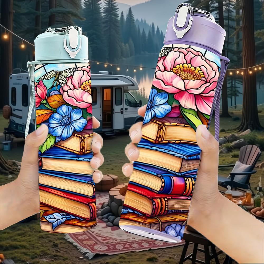 1PC Colorful Book Stack Rose Flower Art 750ml Color Plastic Sports Water Bottle Leakproof Flip Straw Lid Suitable for Sports Office Home Use