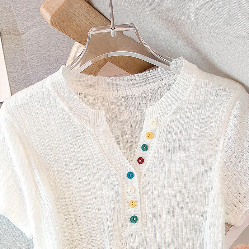 Damski dzianinowy top z krótkim rękawem, jednorzędowy