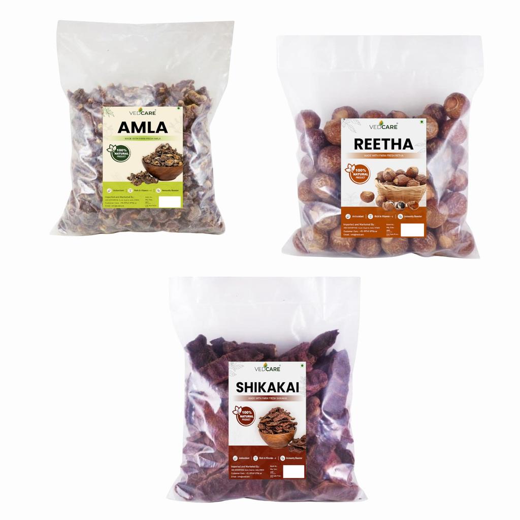Vedcare Amla Entier Séché, Reetha, Shikakai Forme Brute pour Soin des Cheveux Combo Chaque 100g