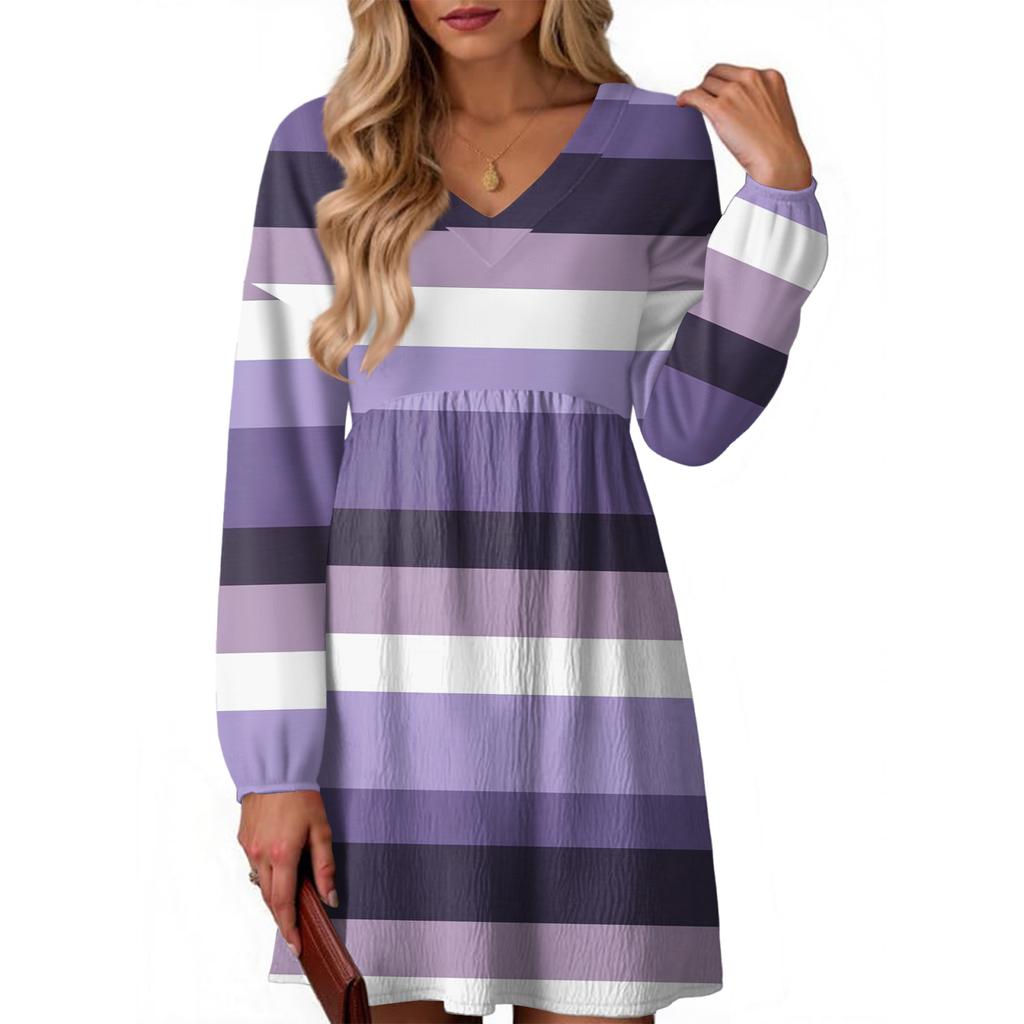 Women's Fashion Striped V-Neck Long Sleeve Dress