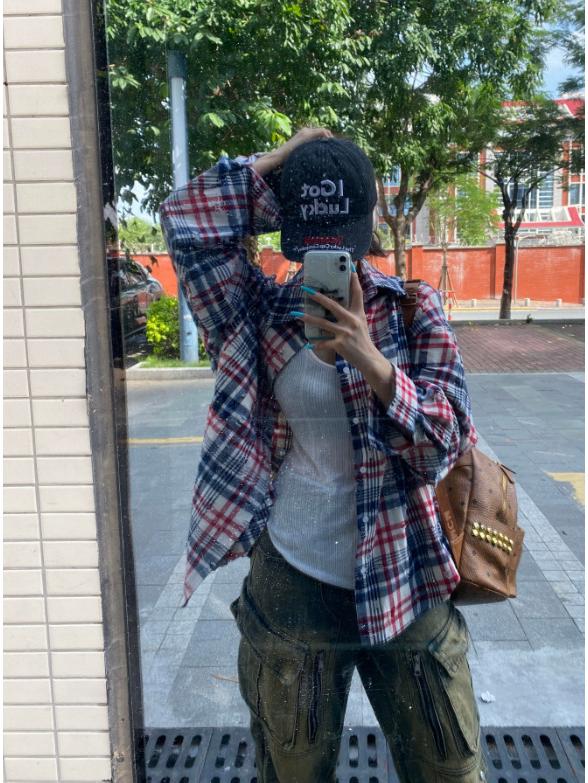 

Мужская рубашка-куртка с длинным рукавом в стиле ретро, с цветными блоками и потертой клеткой - Коллекция Осень 2025 XL