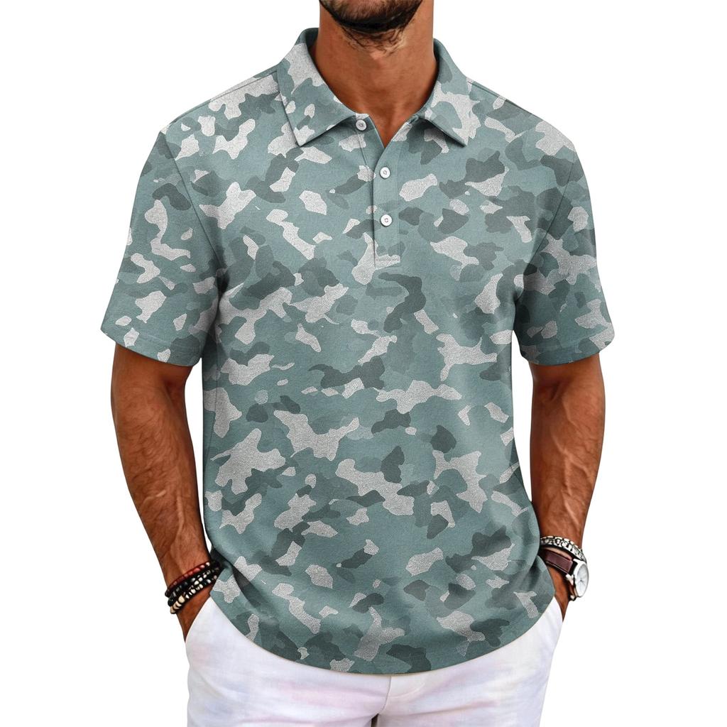 Men's Camouflage Polo Shirt Slim Fit Short Sleeve Business Casual Collar Buttoned Front Breathable Fabric Lightweight Design