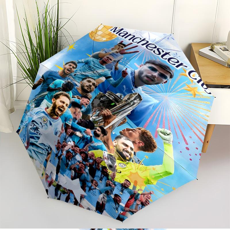 Manchester City FC Print Automatic Open Close Umbrella, Portable Foldable Umbrella, for Outdoor Commute Camping Trip, Ideal Birthday Gift