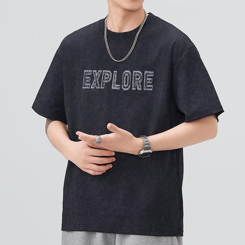 American Round Neck T-shirt Men's Loose Summer Frying Wash Water Foam Printed American Short Sleeves