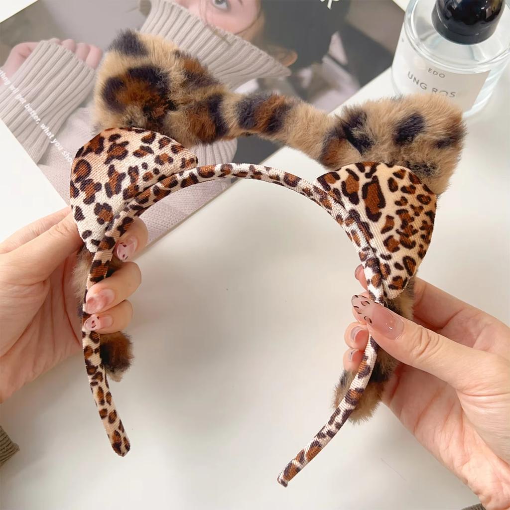 Plush Cat Ears Headband Vintage Leopard Print Hair Hoops Cute Festival Accessories Fashion By Clips Ribbon for Hair Hair Hoop
