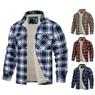 Men Fall Winter Jacket Plaid Print Lapel Soft Plush Pockets Single-breasted Loose Thickened Long Sleeve Casual Mid Length Men Coat