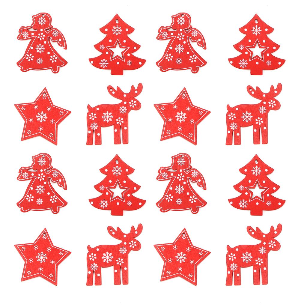 16Pcs Decorative Wood Chips Elk Star Angel Christmas Tree Wooden Hanging Ornaments with Twine