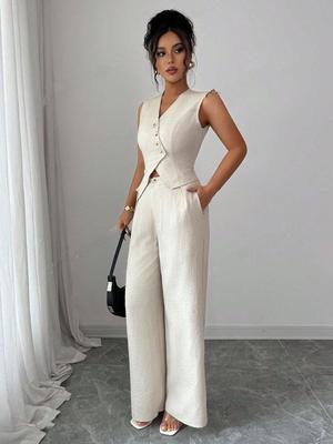 Women's Tie-Design Vest & Straight-Leg Pants Set