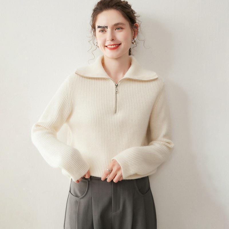 Women's Cashmere Half-Zip Rib Knit Sweater with Lapel