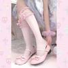 Pink & Blue Cotton Knee High Socks for Women | Cute Japanese Style Thin Academic Lace Calf Socks with Lolita Bowknot JK Design