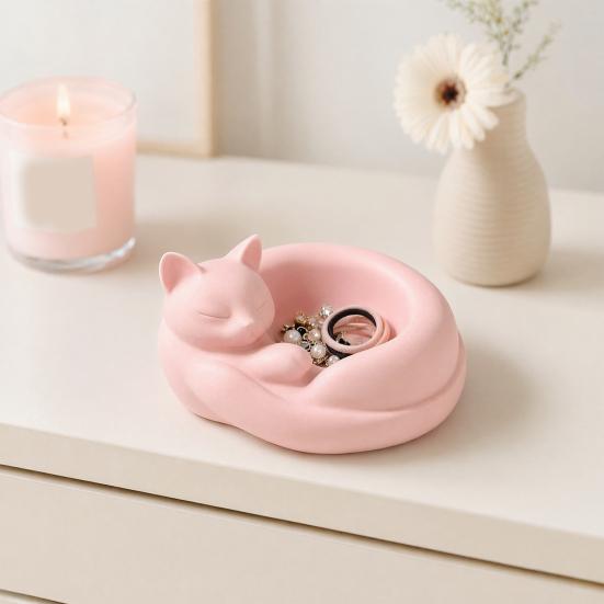 3D Printed Curled Sleeping Cat Planter Multi-Functional Figurine with Bowl-Holding & Ring Tail