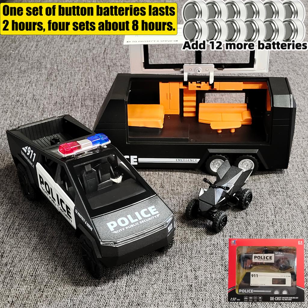 1/32 Tesla Police Cybertruck Trailer Off Road Pickup Truck Diecast Model Car Alloy Children's Toy RV Sound & Light Music Birthday Gift