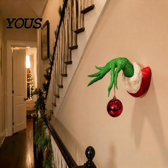 Holiday Decorative Hanging Art Christmas Elf Hand Tree Decorations with Red Balls, Green Wall Fun Xmas Home Window Display Decor, Funny Mount