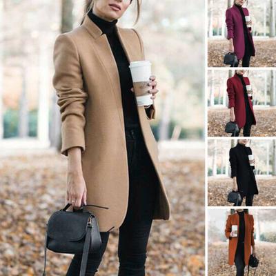 Fall Spring Women Woolen Coat Stand Collar Open Stitch Slim Fit Overcoat Long