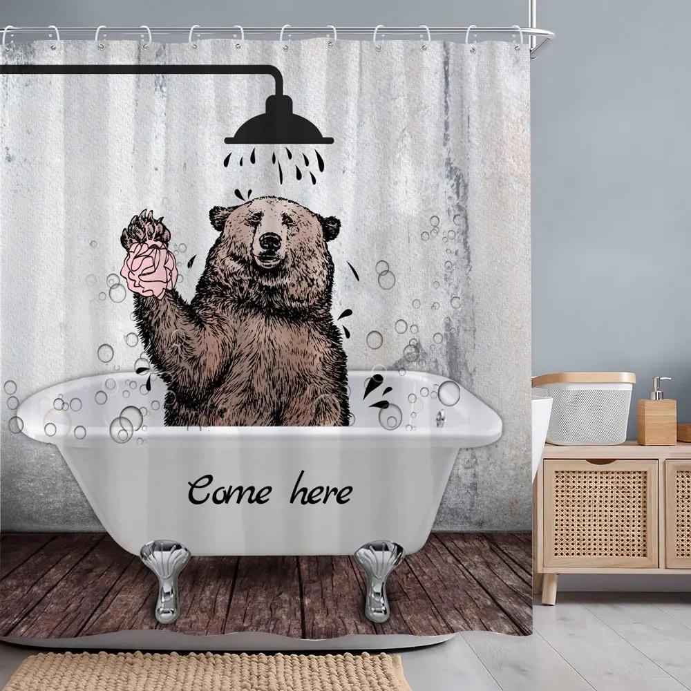 Vintage Brown Bear Shower Curtain Rustic Wooden Panel Texas Star Black And White Check Jungle Fabric Bath Curtain Bathroom Decor