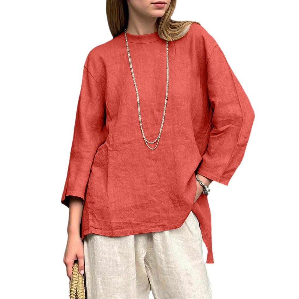 Women's Loose Cotton And Linen Retro Printed Round Neck Long Sleeved Fashionable Top