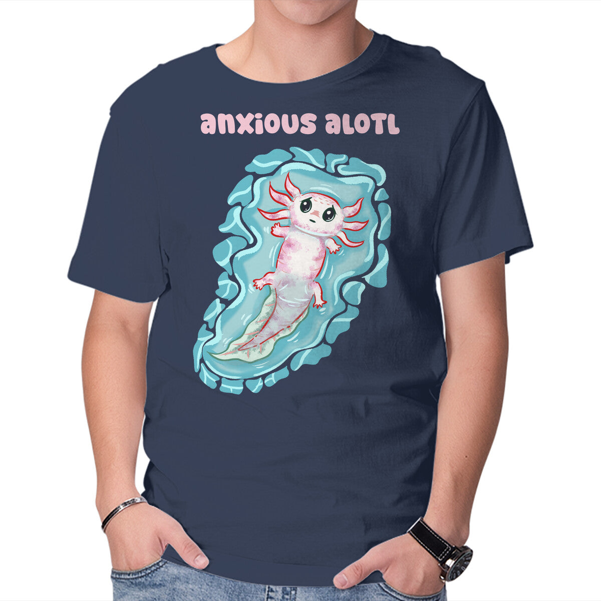 Unisex Crew Neck T-Shirt Anxious Alotl Graphic Short Sleeve Casual Tee M