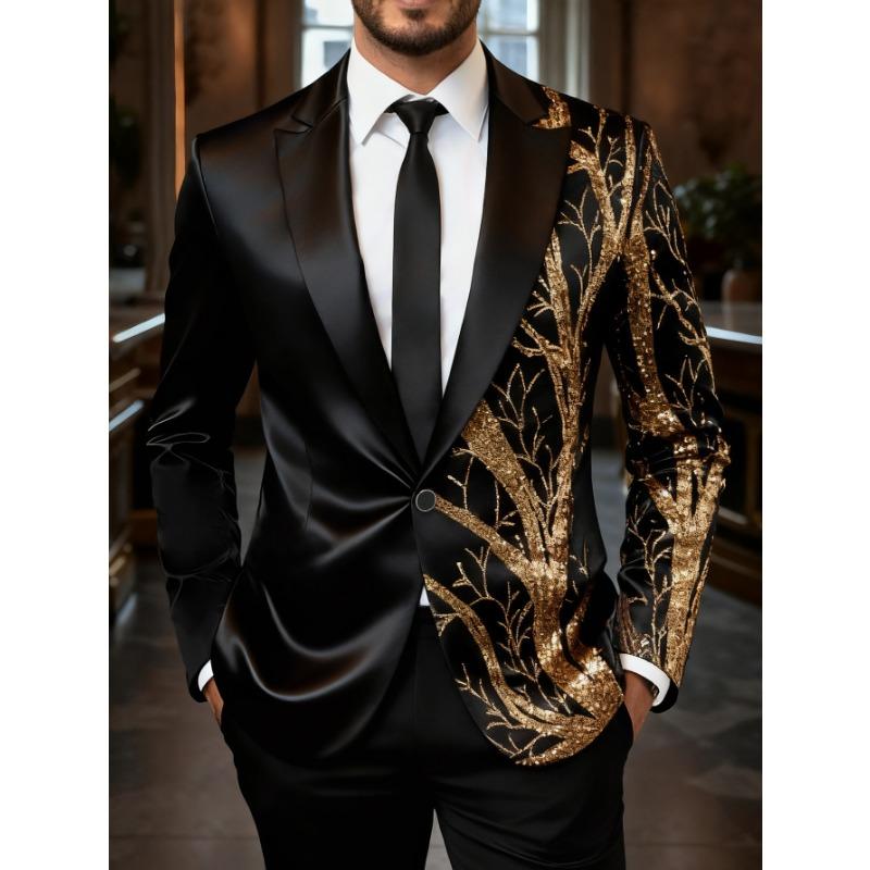 

Мужской черный атласный блейзер с вышивкой в виде фиолетовой ветки с пайетками, официальный смокинг для вечеринки и сцены S золотой