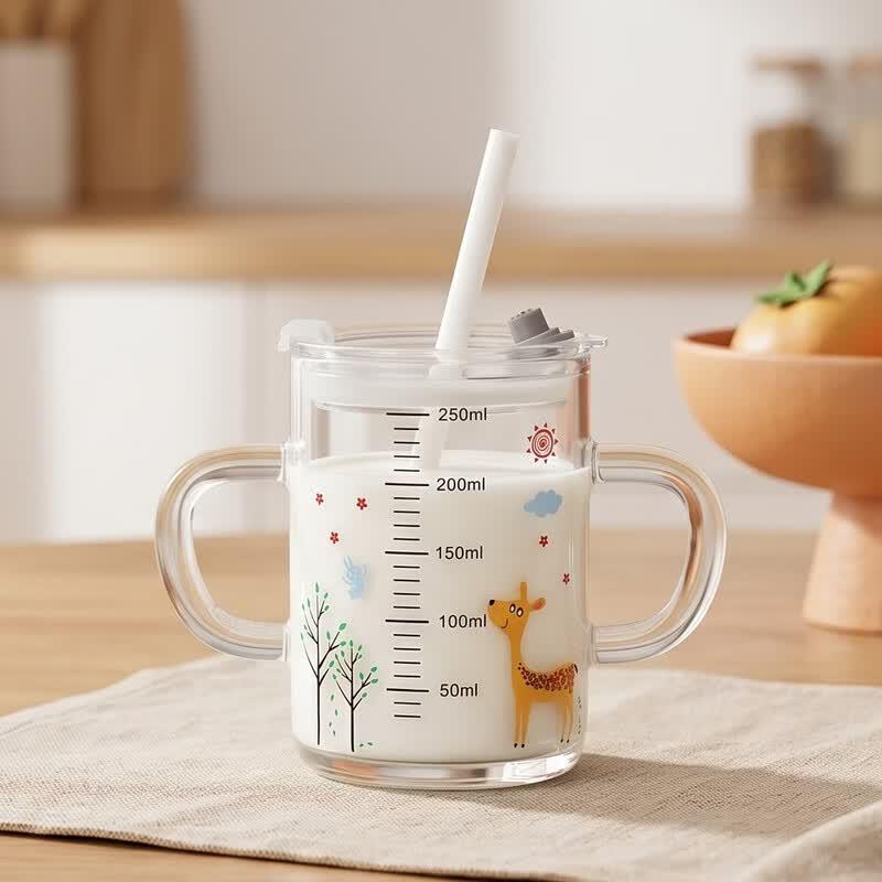 WEIMINGNUO Children's Cartoon Glass Milk & Water Cup with Straw - 250ml