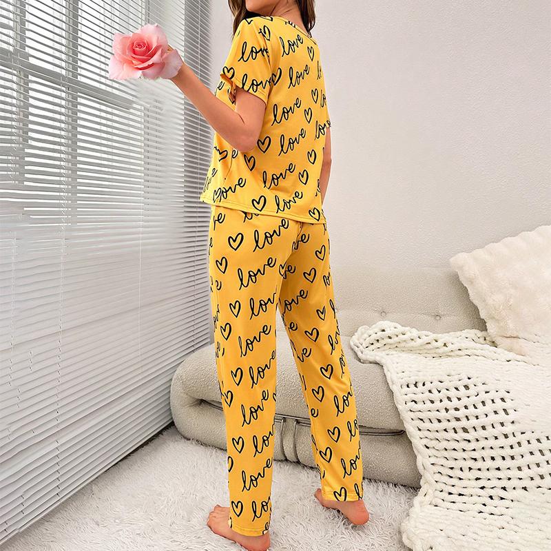 Women's Heart Letter Print Pajamas Set Autumn Short Sleeve Sleepwear Soft Comfort Milk Silk Pajama Pants Loungewear Home Suit