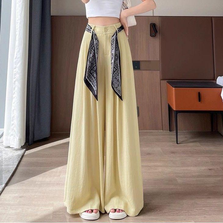 

Women s High-Waist Ice Silk Linen Wide-Leg Pants with Scarf Belt L 105-115 lbs