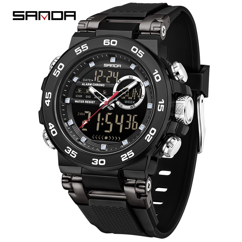 SANDA 6296 Three Pin Men's Electronic Watch Fashionable Men's Electronic Watch Sports Multifunctional Waterproof Large Dial