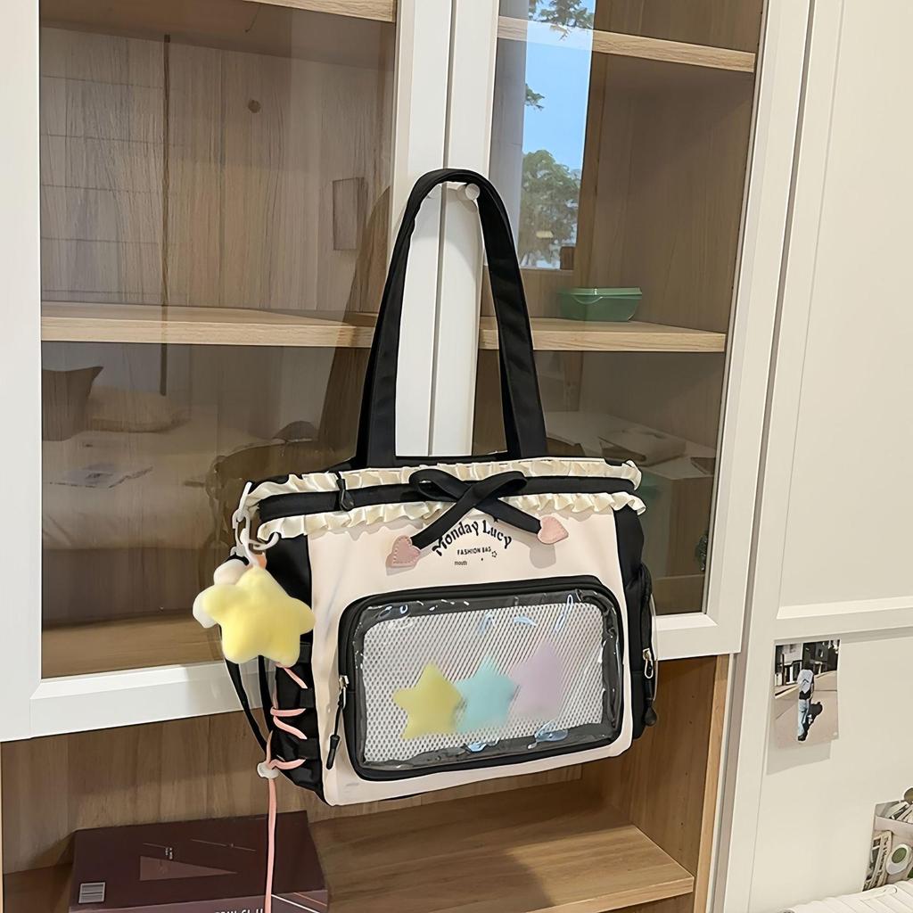 Women's Color Block College-Style Backpack with Ballet Ruffle Lace Design