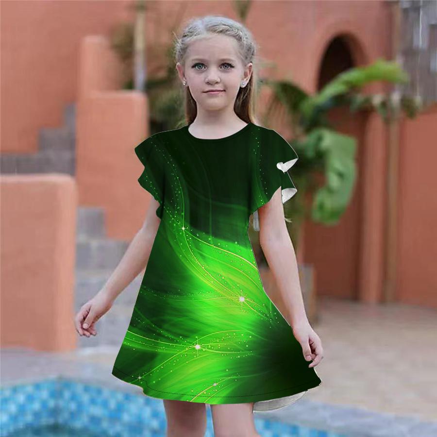 Girls Blue Petals Print Dresses Kids Girl Party Dress Loose Fitting Loose Fitting Short Sleeved Skirt For Girls Over Four Years Old