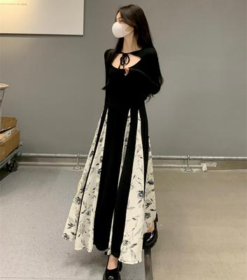 Bahar kadın Uzun Kollu Siyah Elbiseler Kadın Vintage Hollow Dantel-up İnce A-line Ayak Bileği uzunlukta Patchwork Elbise