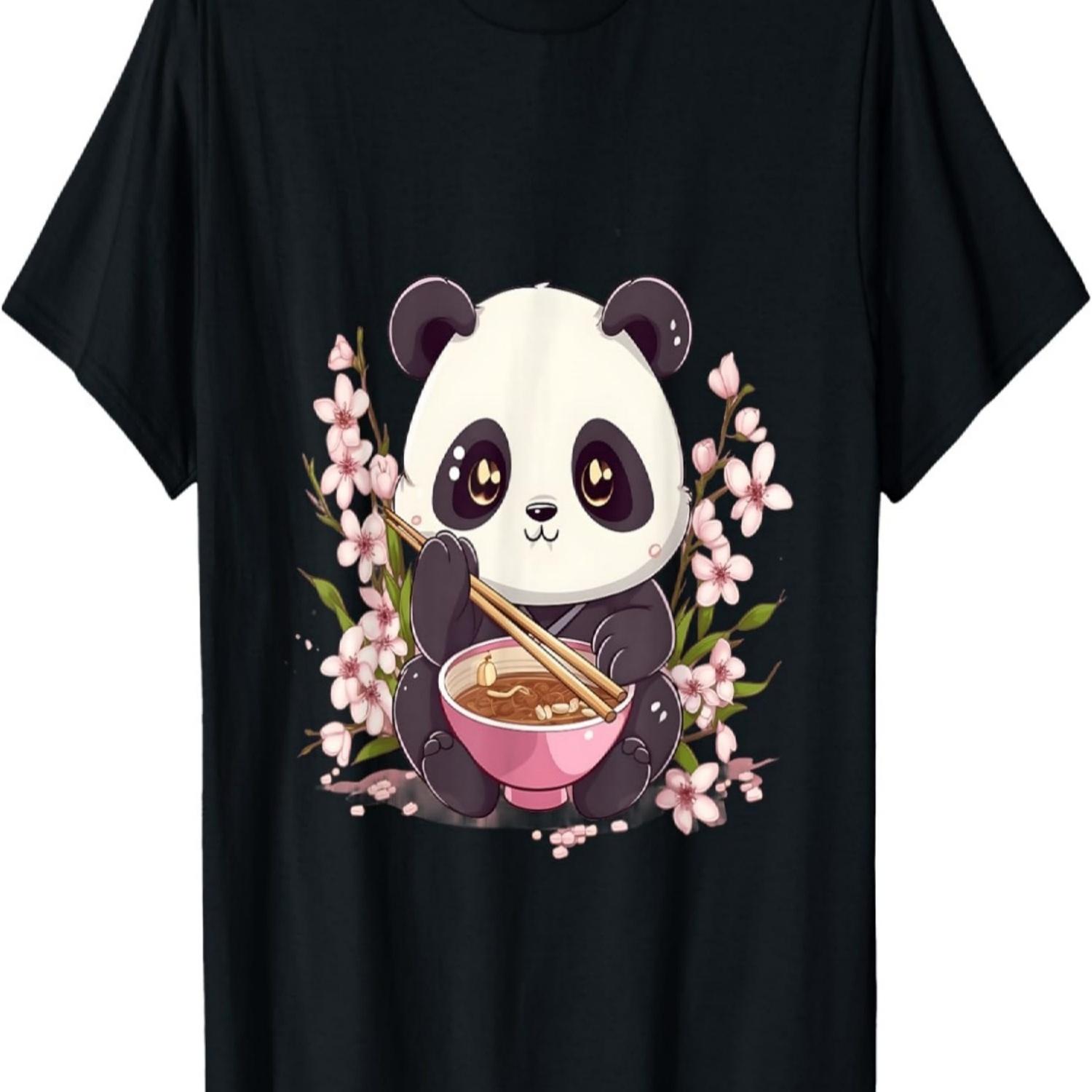 Otaku Kawaii Anime Panda Eat Ramen Noodles Cherry Blossom T-Shirt(5) S чёрный