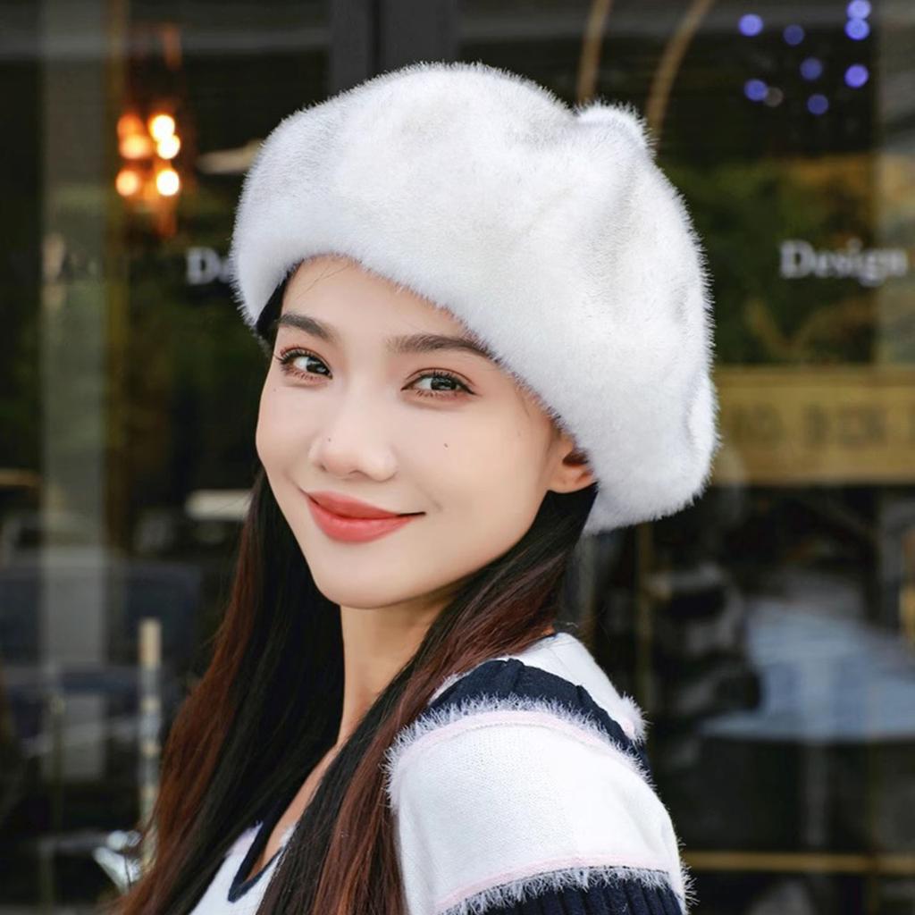 Women Fluffy Fur Beret Cap Solid Color Plush Warm Octagonal Hat For Lady Female Casual Anti-Cold Mink Velvet Pumpkin Hats
