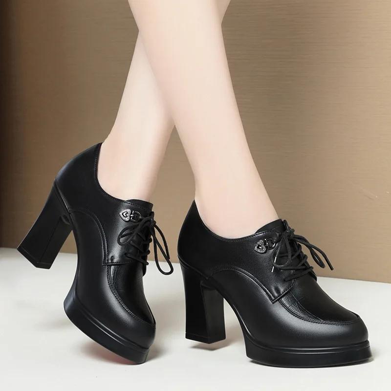 British Style Deep Mouth Soft Leather Oxford Shoes Women's Platform Pumps 2026 Spring Block High Heels Shoes for Office Mom
