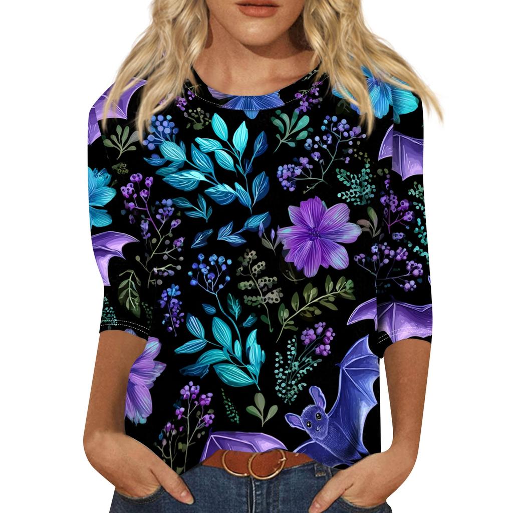 Women's Casual Halloween Print Round Neck Three Quarter Sleeve T Shirt Top Lightweight Comfortable Fit for Seasonal Wear