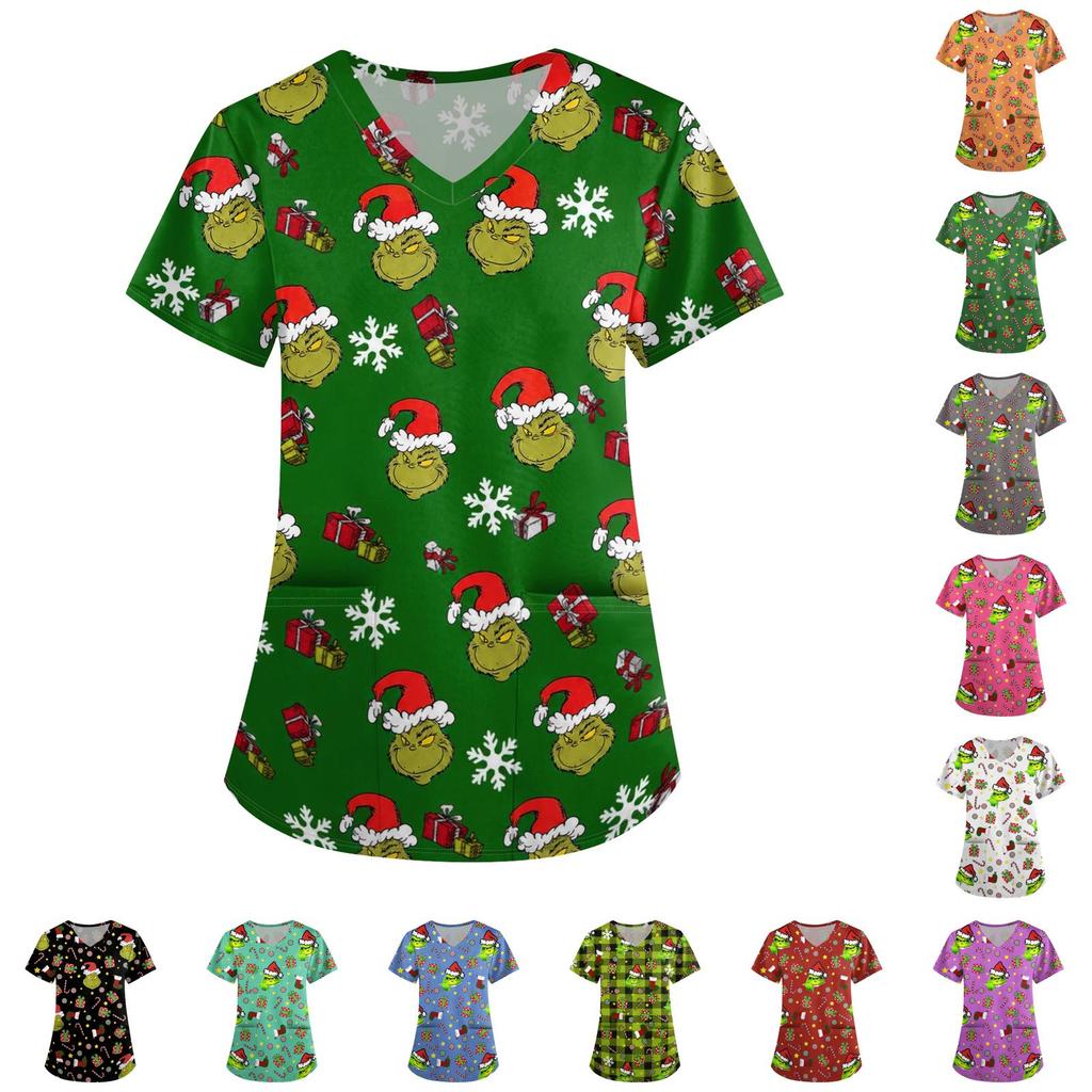 Women's Christmas Print V-Neck Short Sleeve Scrub Top with Pockets, Loose Fit Caregiver