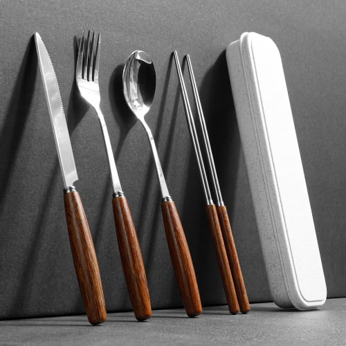 Stainless Steel Cutlery Set for Two, Featuring Chopsticks, Knives, Forks, and Spoons, Includes a Wooden Handle. 8-piece Set with Case. Perfect for Out
