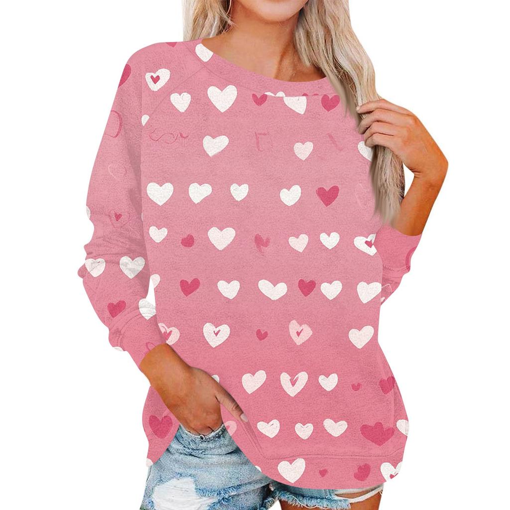 Women's Fashionable Round Neck Shoulder Long Sleeved Valentine's Day Printed Casual Pullover Top