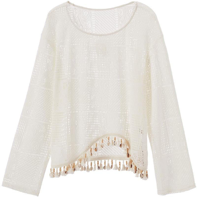 Women s Loose Hollow Out Fringe Hem Long Sleeve T-Shirt S
