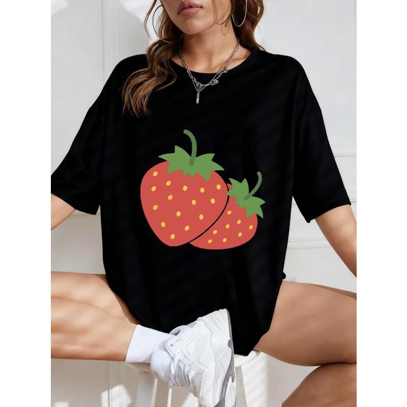 Strawberry Print T Shirt White Casual Summer Top For Women Streetwear Fashion Trendy Graphic Tee With Fruit Design Perfect For Everyday Wear