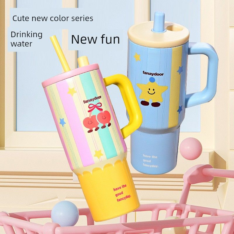 Large Capacity Thermos Cup for Women, Stylish Ice Cup, Cute Cartoon Portable Car Cup with Handle, Giant Straw Water Cup