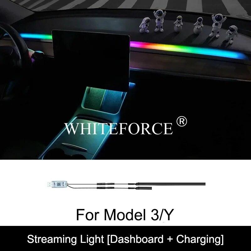 For Tesla Model 3/Y 2017-2023 Streaming Ambient Light Dashboard Flow Light Remote/APP Control USB Ambient Strip Lamp Decoration