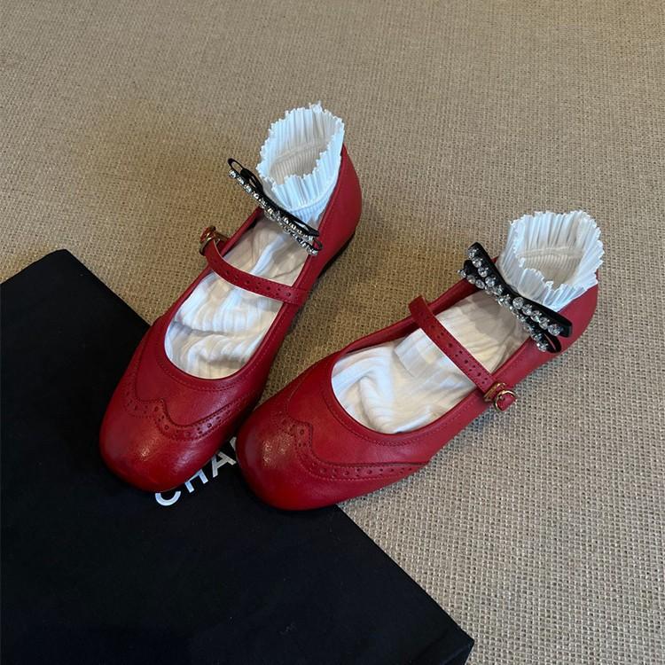 Sheepskin version~ retro flat-bottomed small leather shoes, shallow mouth square head genuine leather Mary Jane shoes, one-word buckle red small singl