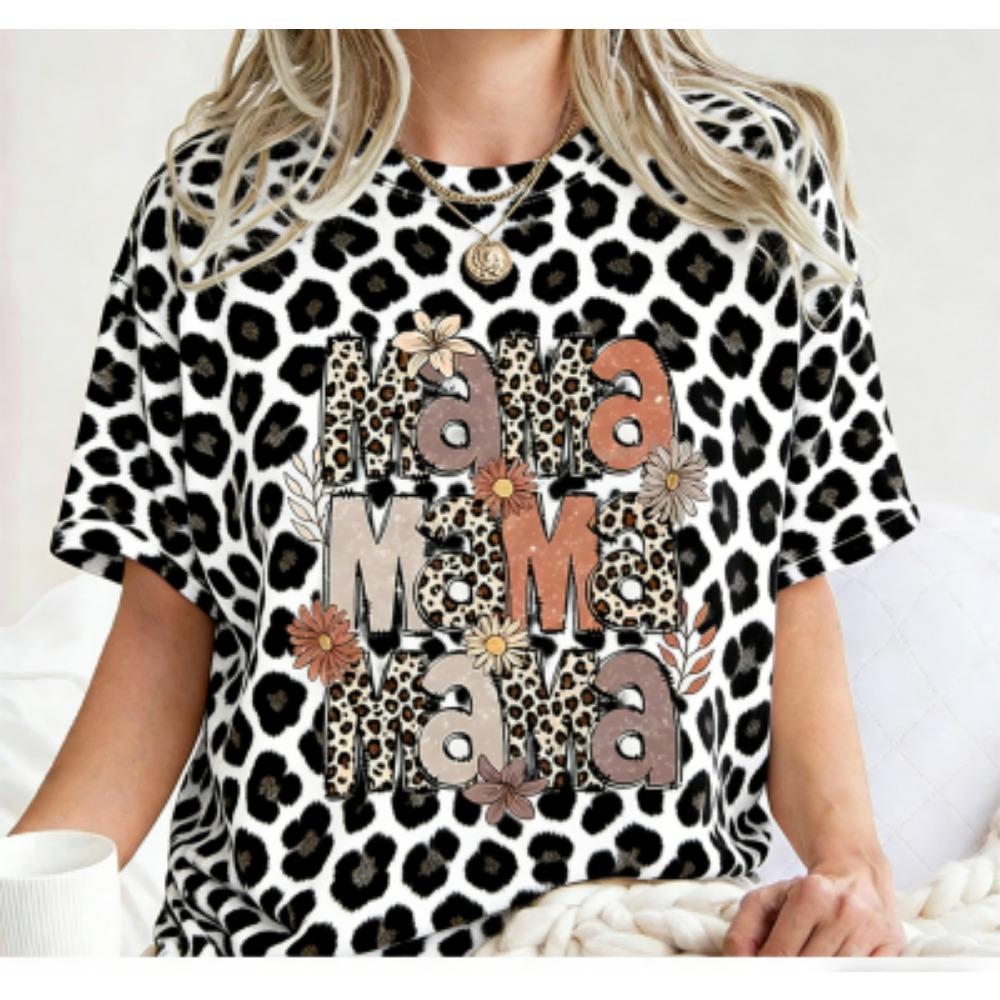 Funny Stripe Colorful Leopard Mama Print Women's Short Sleeves T-Shirt Loose Casual Summer Outdoor Street Women's Tees Tops