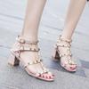 Women Rivet Chunk Heels Sandals Ankle Buckle Strap Open Toe British Ladies Sandals Mid Heels Party Elegant Roman Shoes