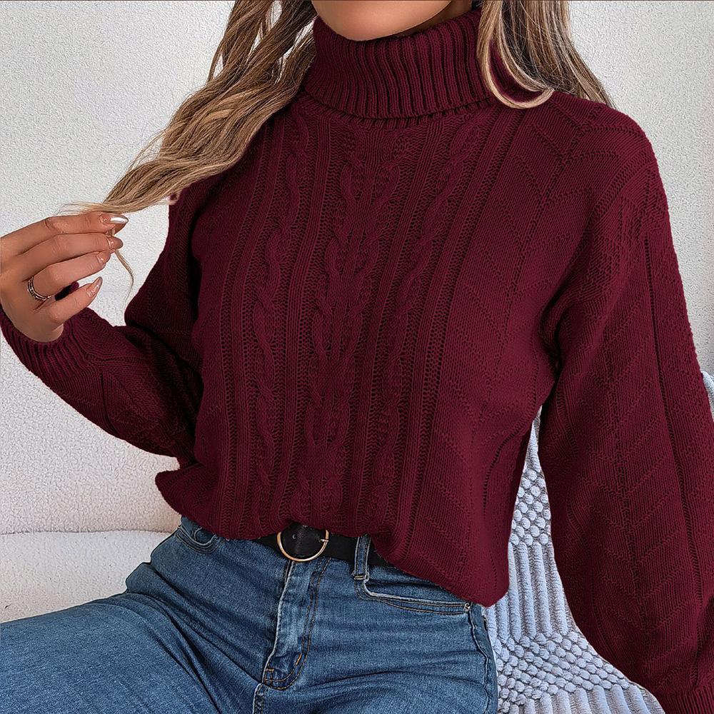 Autumn and Winter Fashion Women Casual High Neck Fried Dough Twists Long Sleeve Knitting Pullover Sweater Women's Turtleneck